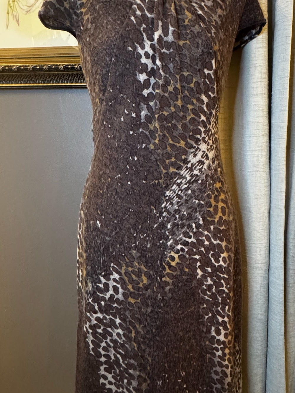Worth 100% Wool Brown Animal Print Sheath Dress Short Sleeve Career Midi